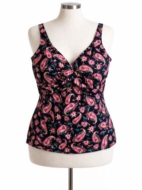 Lands’ End 18W Underwire Tankini Top Black Pink Paisley Swim